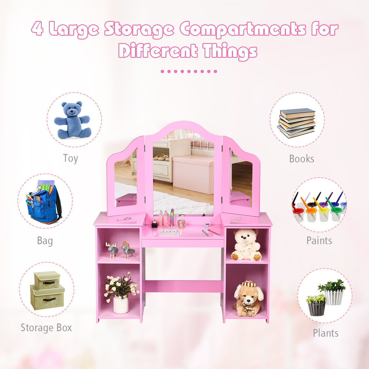 Kids Tri Folding Mirror Makeup Vanity Table Set - Pink