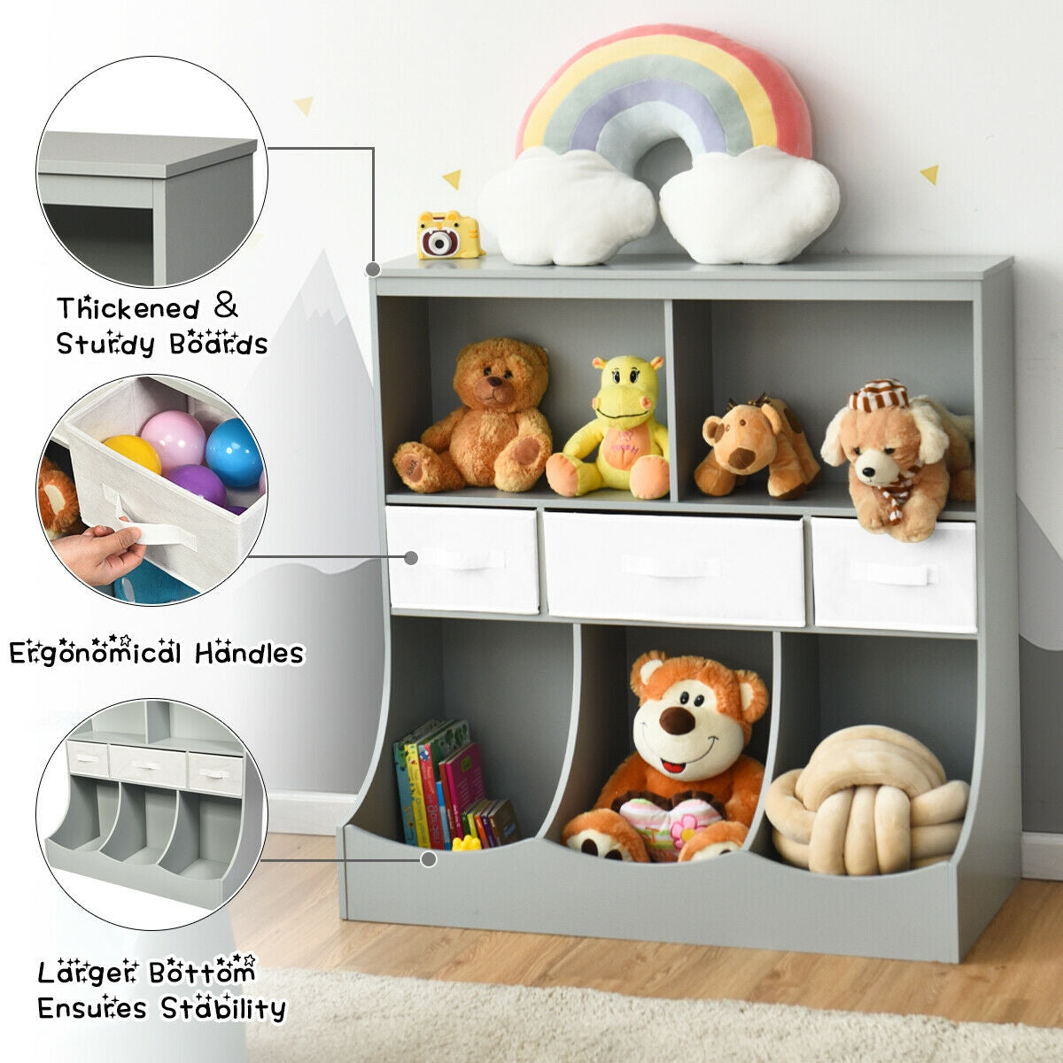 Freestanding Combo Cubby Bin Storage Organizer Unit with 3 Baskets - Gray