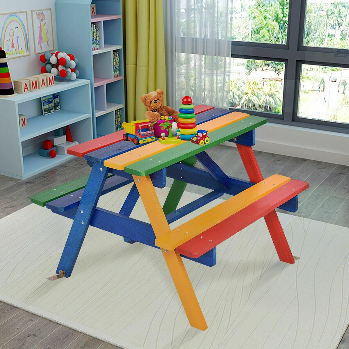 4 Seat Kids Picnic Table with Umbrella - Multicolor