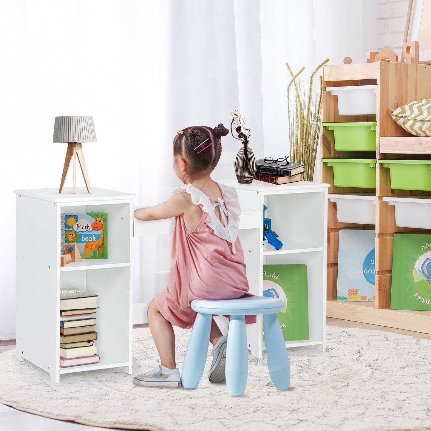 Kids Tri Folding Mirror Makeup Vanity Table Set - White