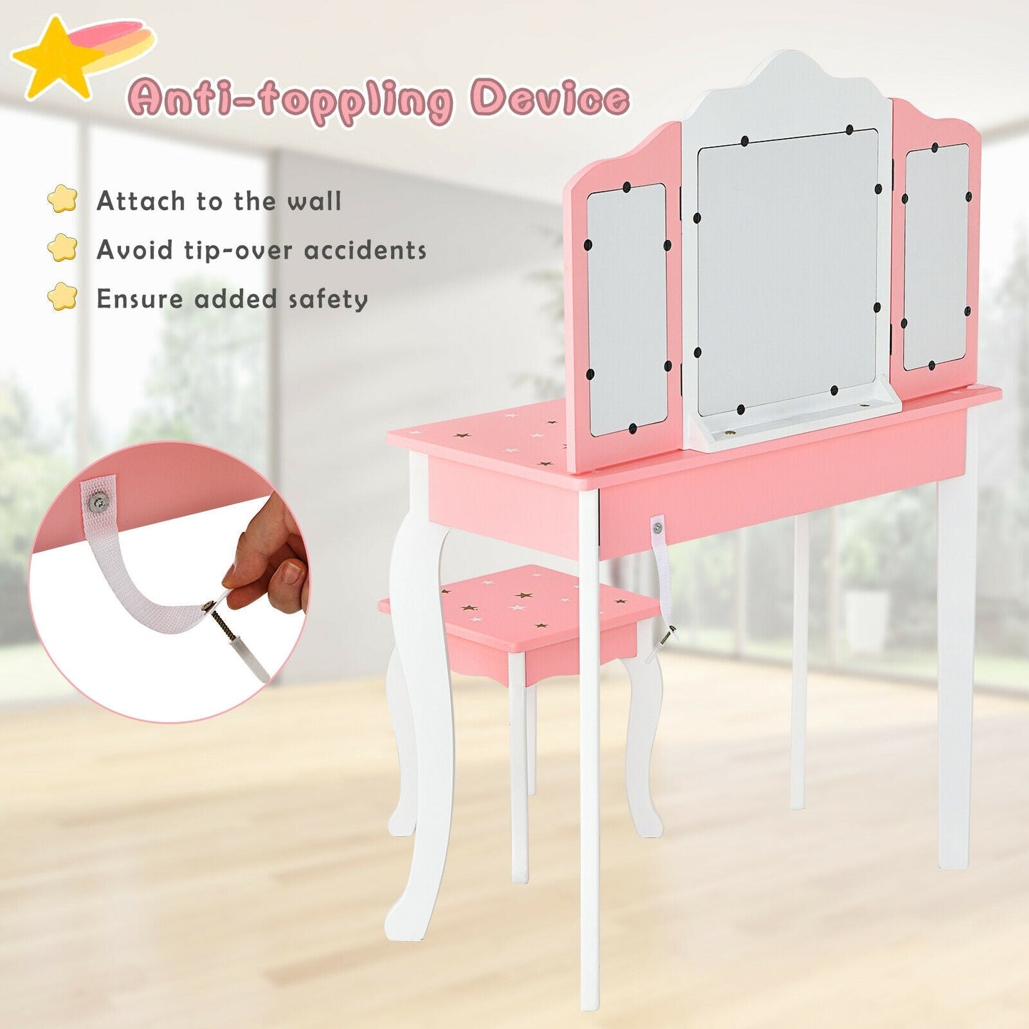 Kids Princess Vanity Table and Stool Set - Pink