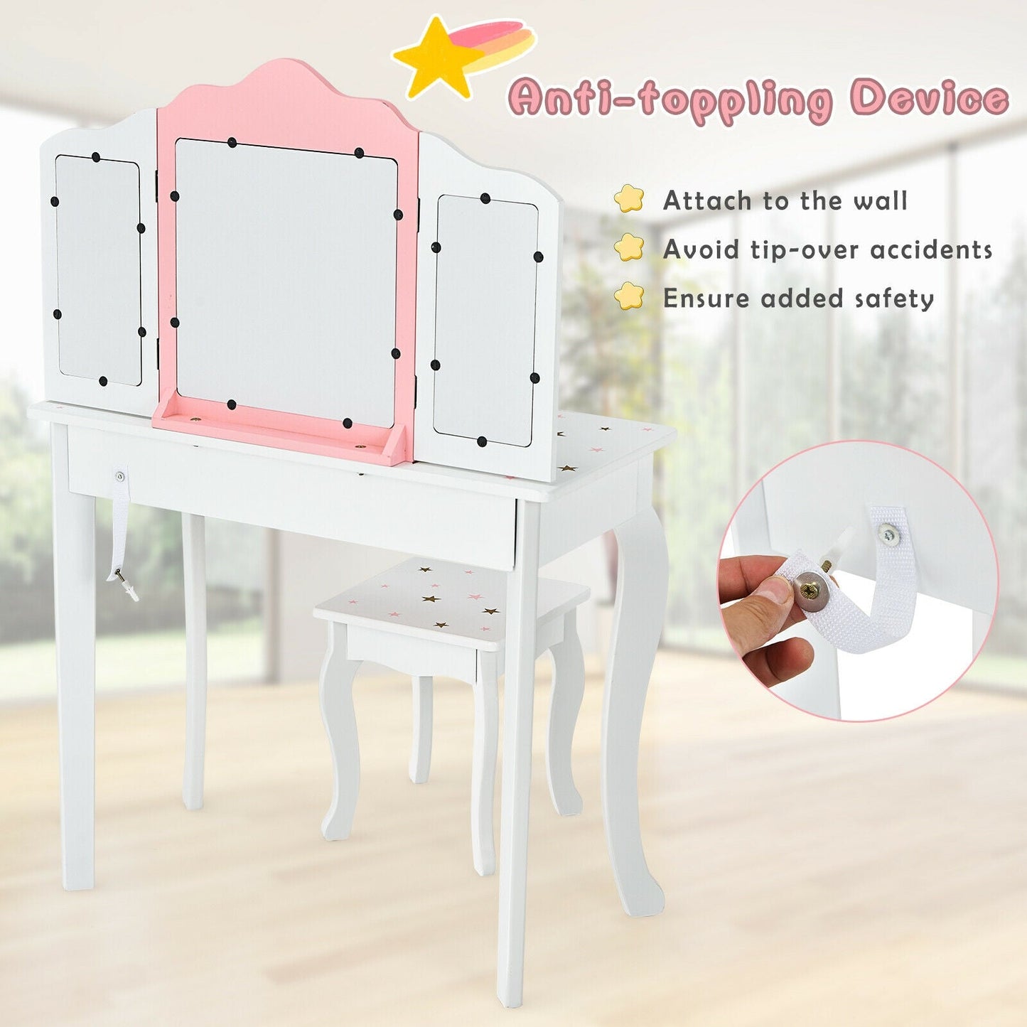 Ensemble de table de maquillage et de tabouret pour enfants Princesse avec miroir pliant - Blanc