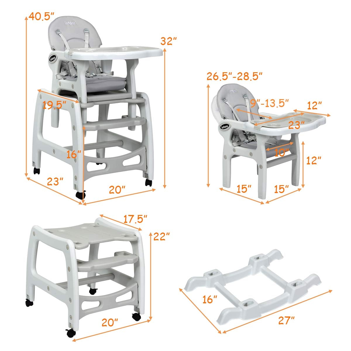 3-in-1 Convertible Baby High Chair with Lockable Wheels - Gray