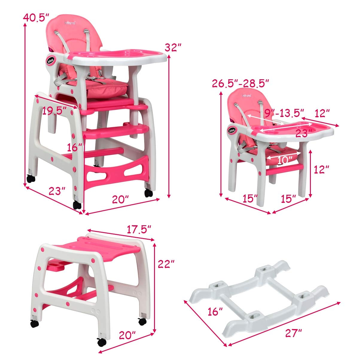 3-in-1 Convertible Baby High Chair - Pink