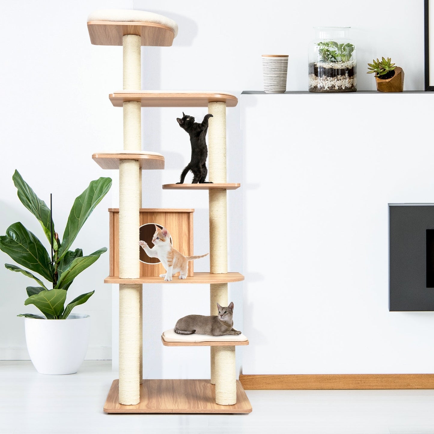 7-Layer Wooden Cat Tree with Sisal Posts and Condo - Natural