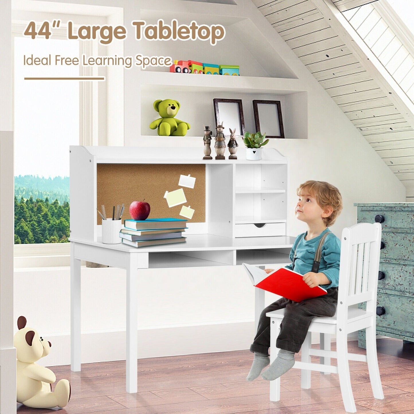Kids Desk and Chair Set with Hutch and Bookshelves - White