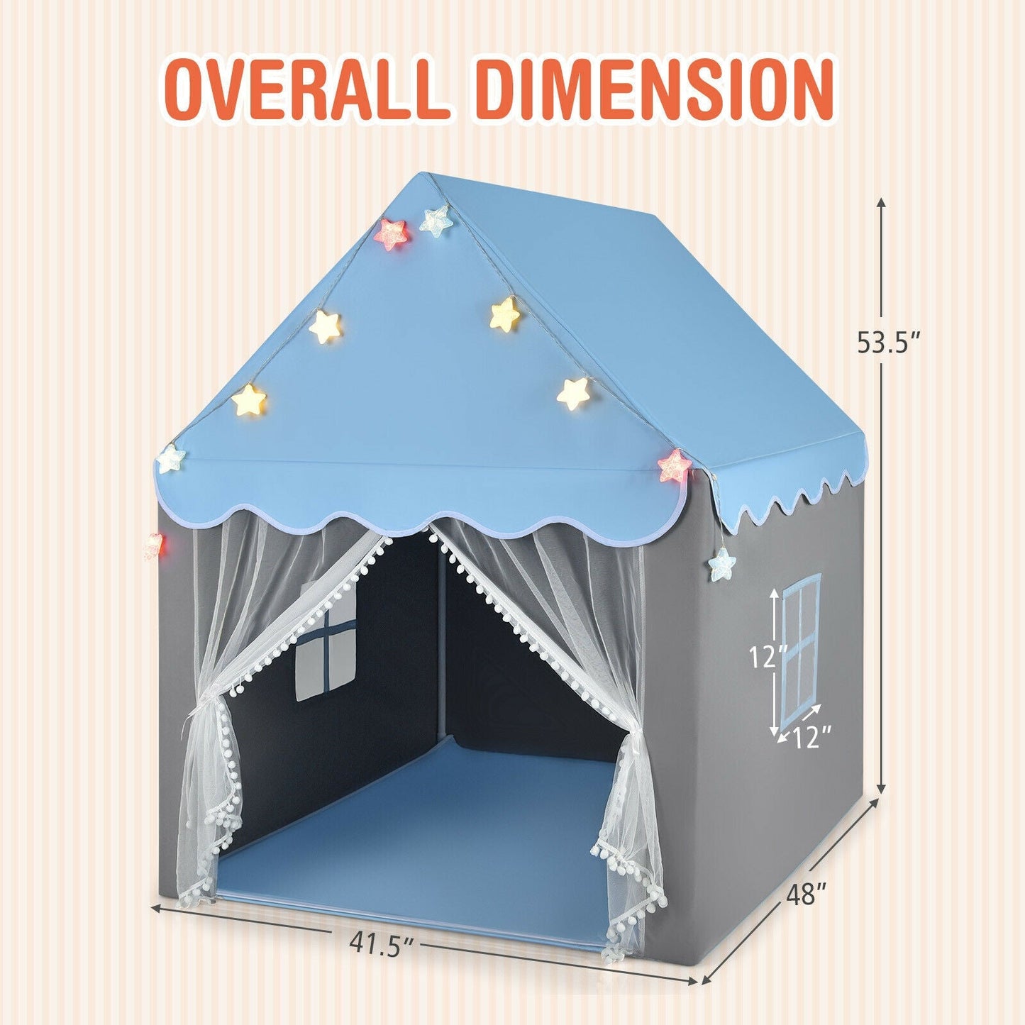 Kids Playhouse Tent with Colorful Star Lights and Mat - Blue