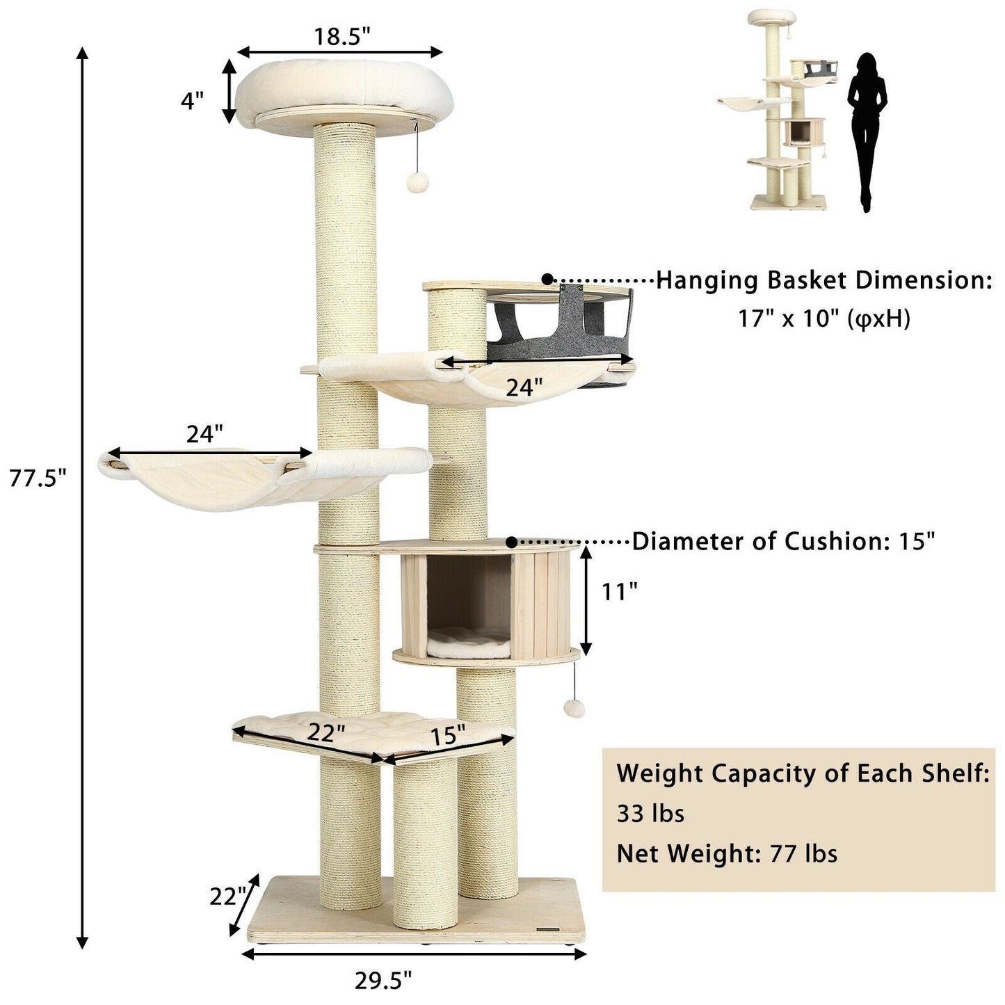 77.5-Inch Multi-Level Cat Tree Condo - Cream White