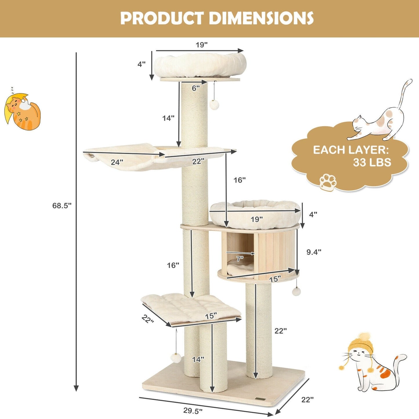 4-Layer 68.5-Inch Wooden Cat Tree Condo with Sisal Posts