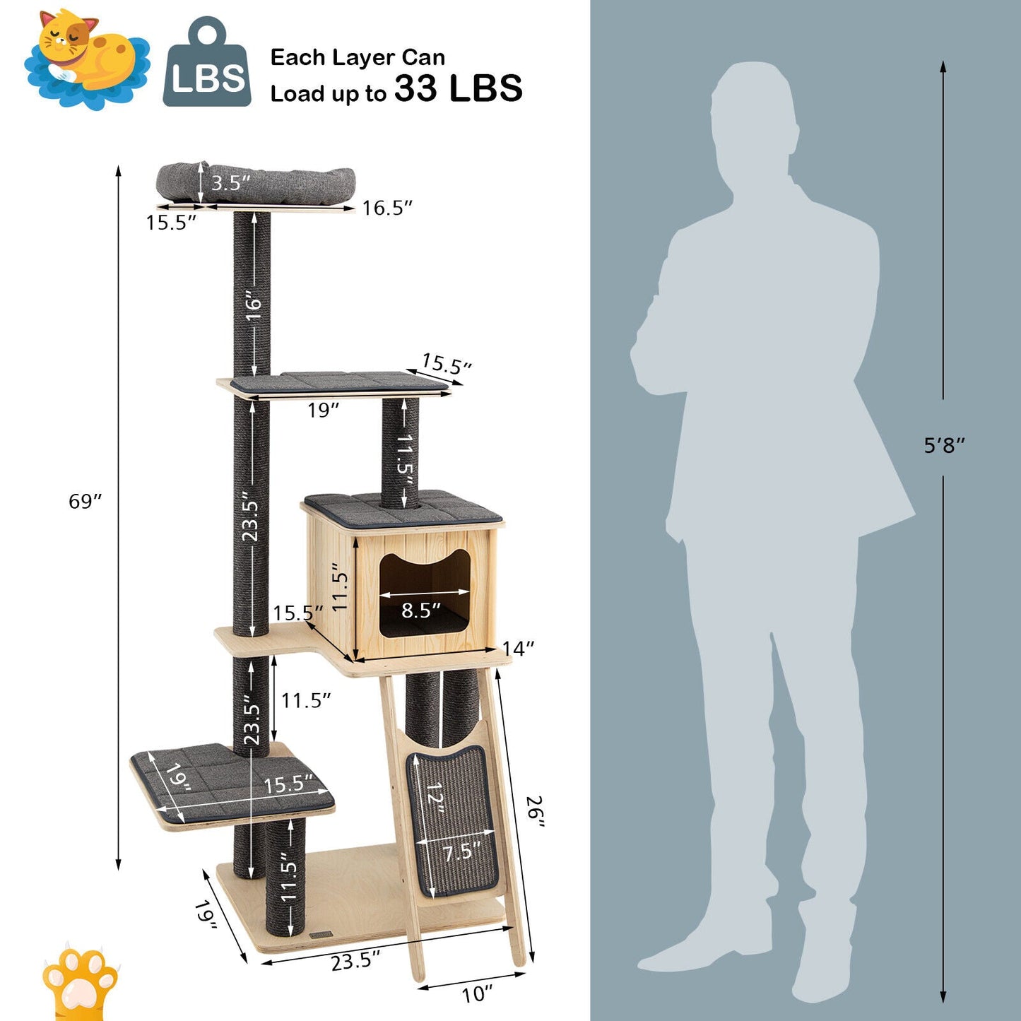 5-Tier Modern Wood Cat Tower with Washable Cushions - Gray