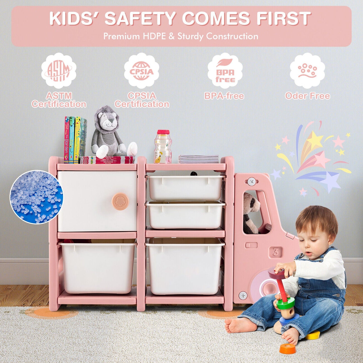 Toddler Truck Storage Organizer with Plastic Bins - Pink