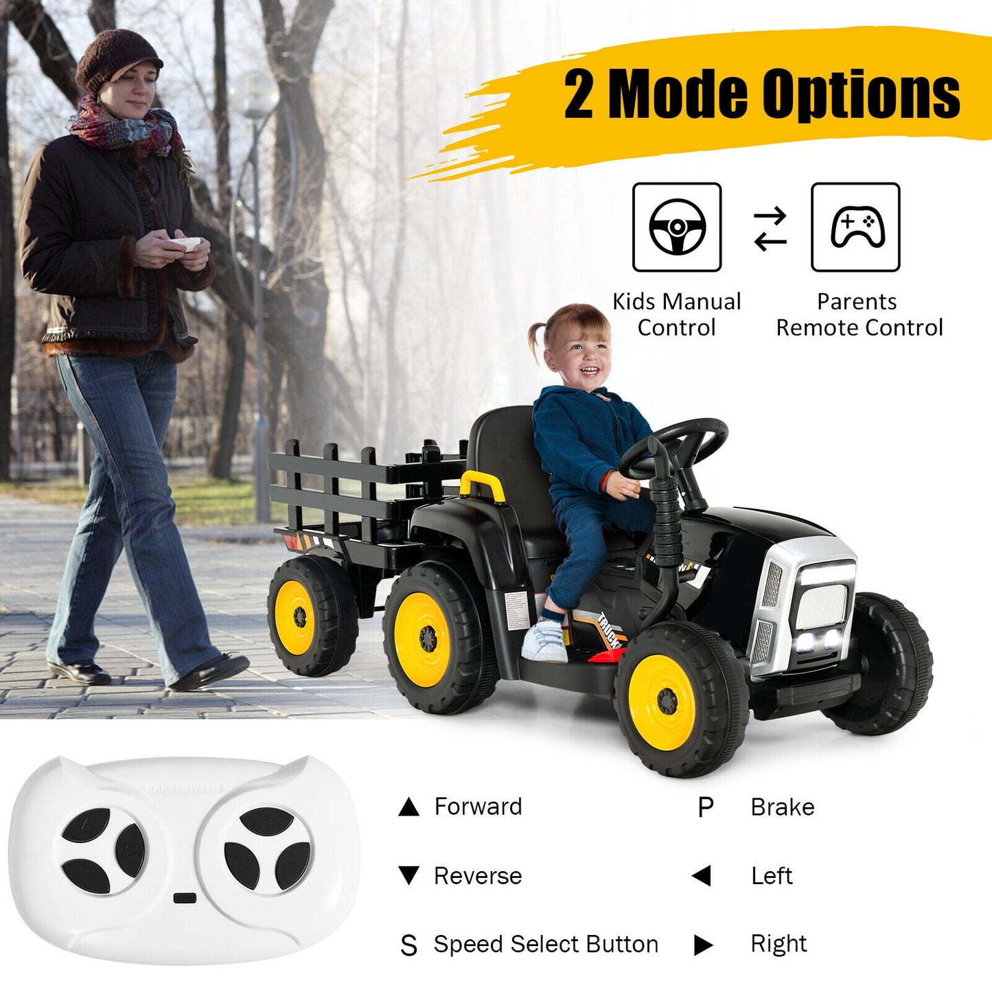 Tracteur électrique 12V avec chargeur pour enfants de 3 ans et plus - Noir