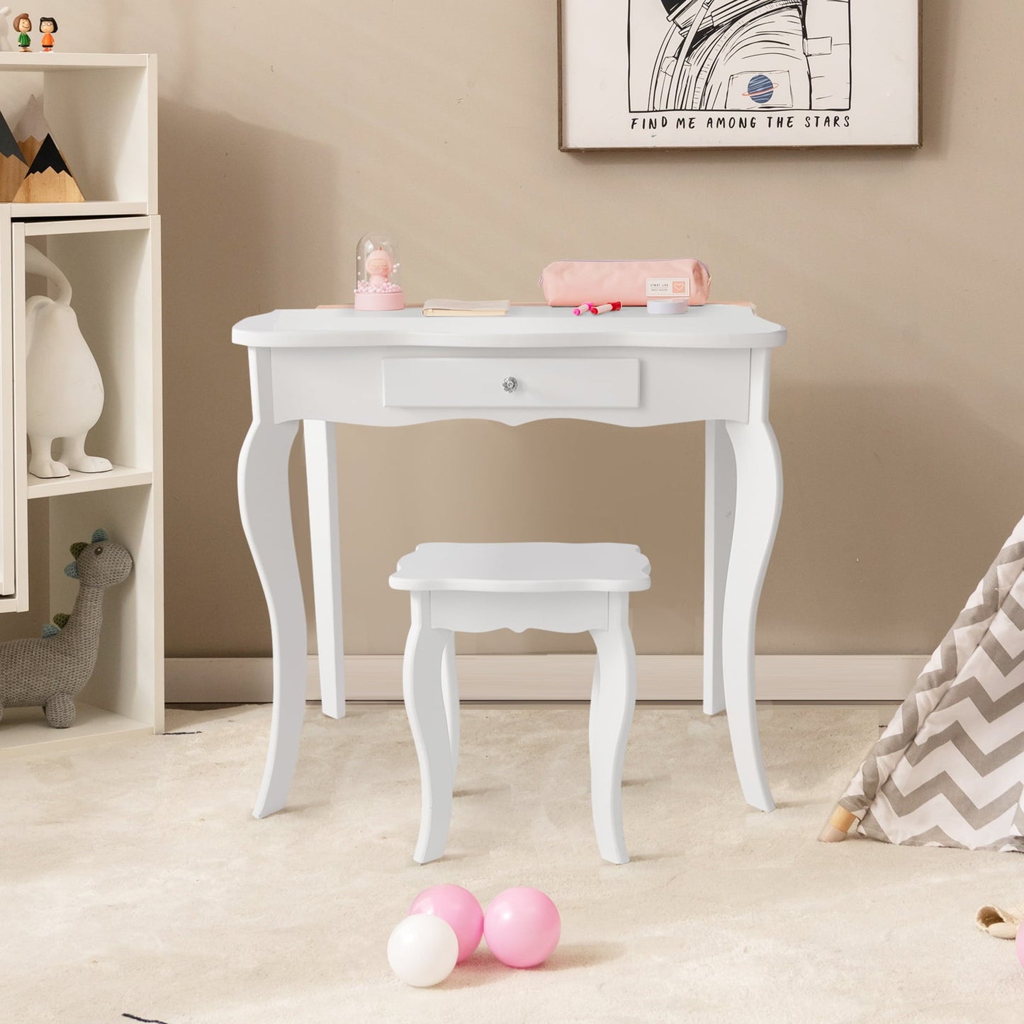 Conjunto de Espejo de Maquillaje Infantil con Mesa y Taburete