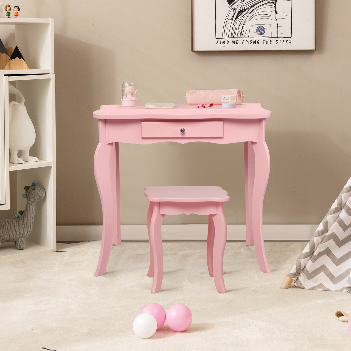 Conjunto de Mesa de Vanity con Espejo de Maquillaje Rosa para Niños