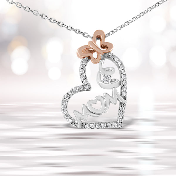 Collar de Pendiente en Forma de Corazón "Mamá" de Diamante en Plata Esterlina .925 de Dos Tonos
