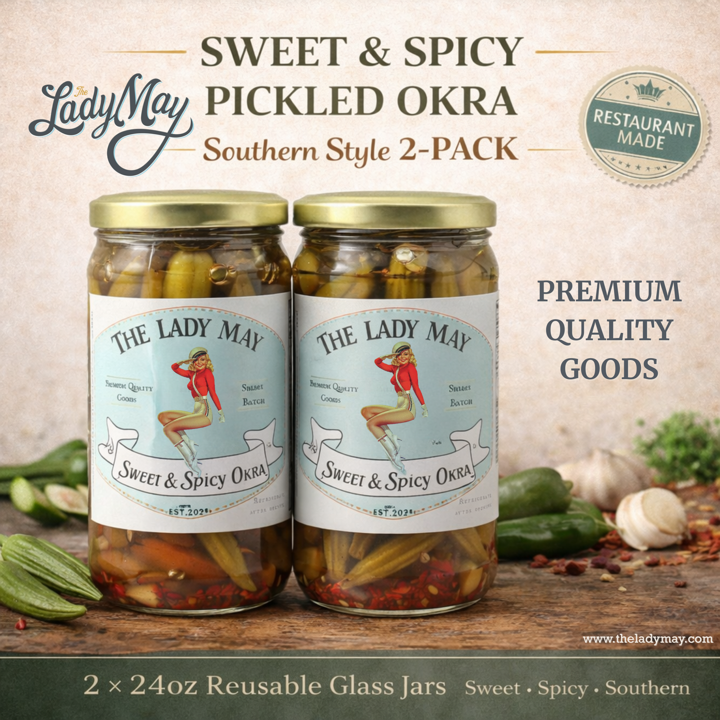 Lady May Okra Encurtido Dulce y Picante – Paquete de 2 (Frascos de 24oz)