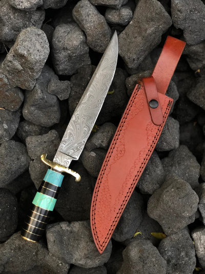 Exquisite Custom Damascus Steel Bowie Knife - 15" Overall, 10" Blade, Turquoise Handle with Brass Accents - Korvel