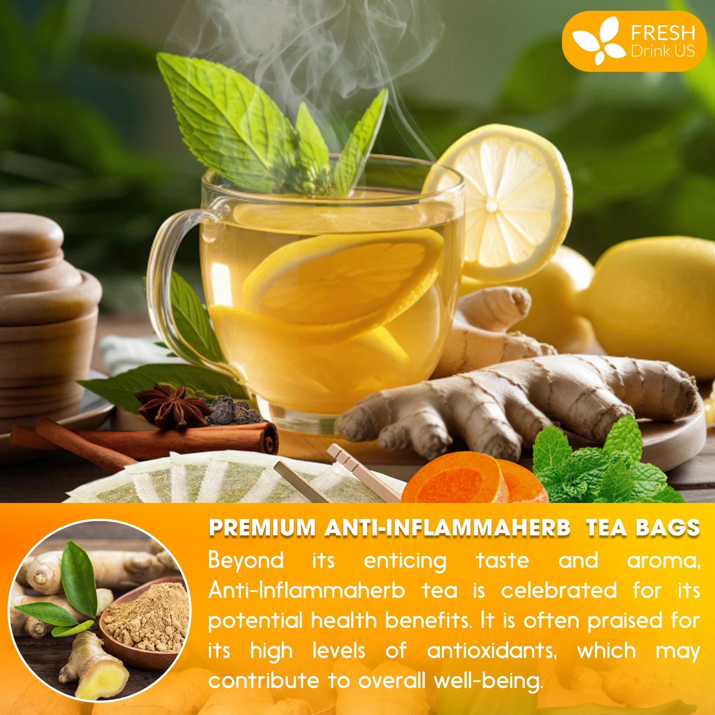 Té de hojas sueltas antiinflamatorio, 100 % natural, con jengibre, cúrcuma, menta, pimienta negra y canela. 