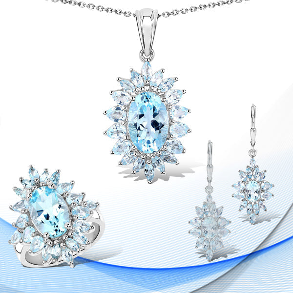 19.18 Carat Genuine Blue Topaz Sterling Silver Jewelry Set
