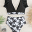Elegant Black Ruffle V Neck High Waisted Bikini Set