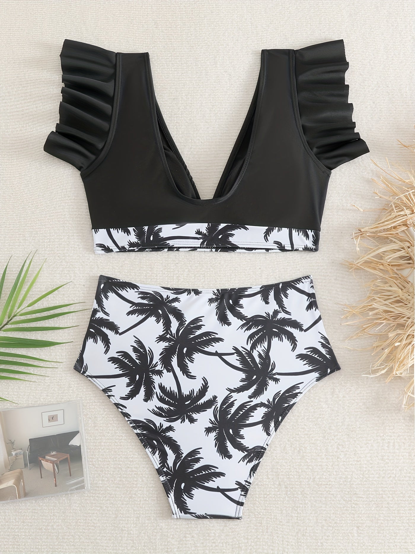 Elegant Black Ruffle V Neck High Waisted Bikini Set