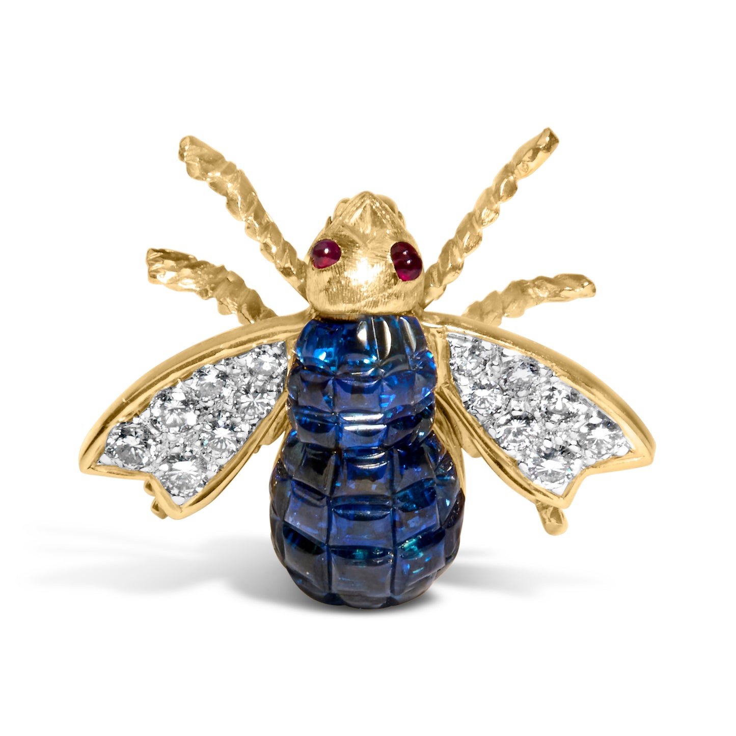 Broche en or jaune 18K en forme de bourdon avec diamants et saphirs