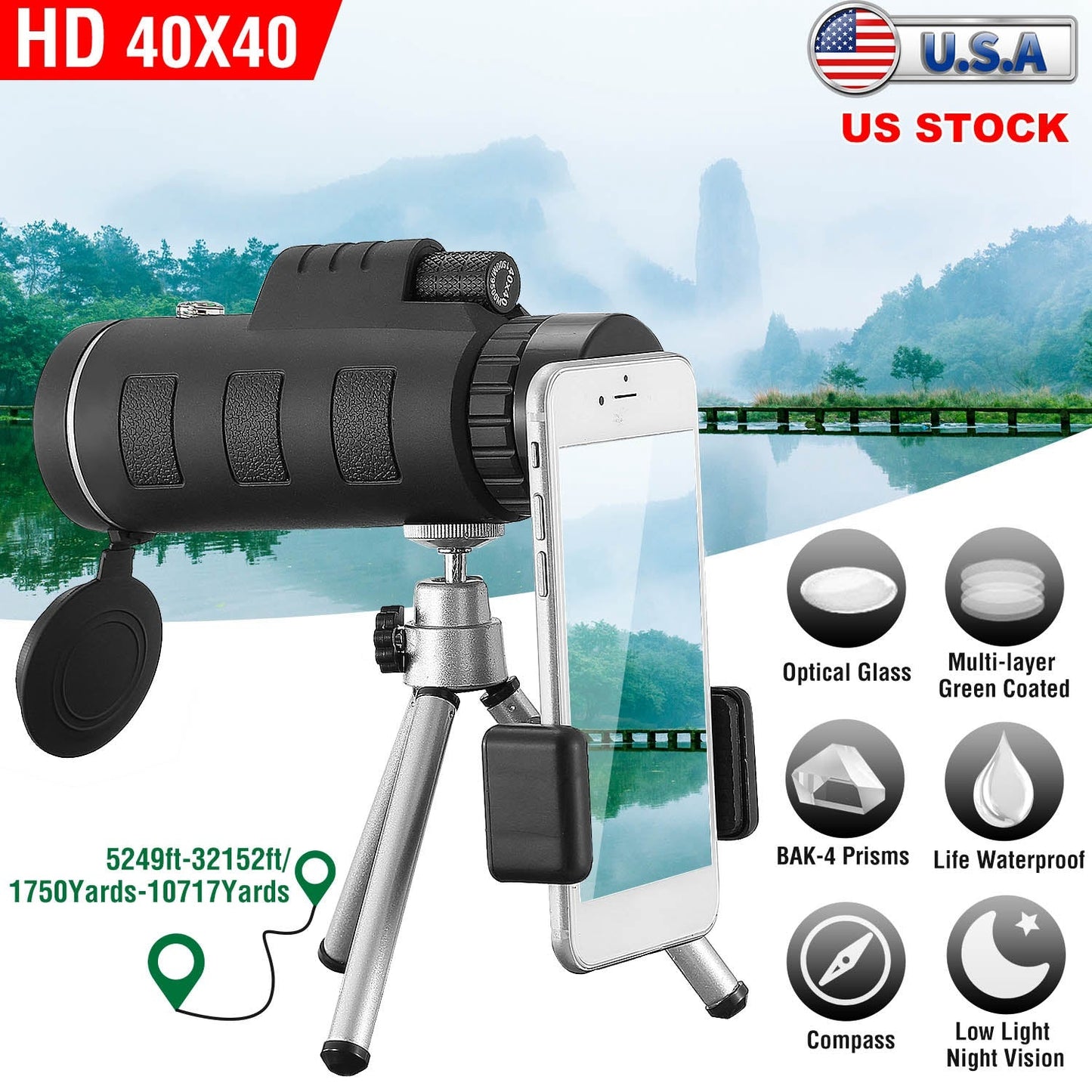 Télescope Monoculaire Optique HD Gbruno 40x40 avec Trépied et Support de Téléphone