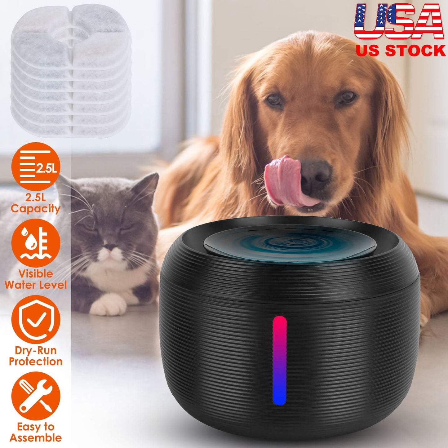 Fontaine à eau intelligente pour animaux de compagnie Gbruno 2,5 L avec lumière LED