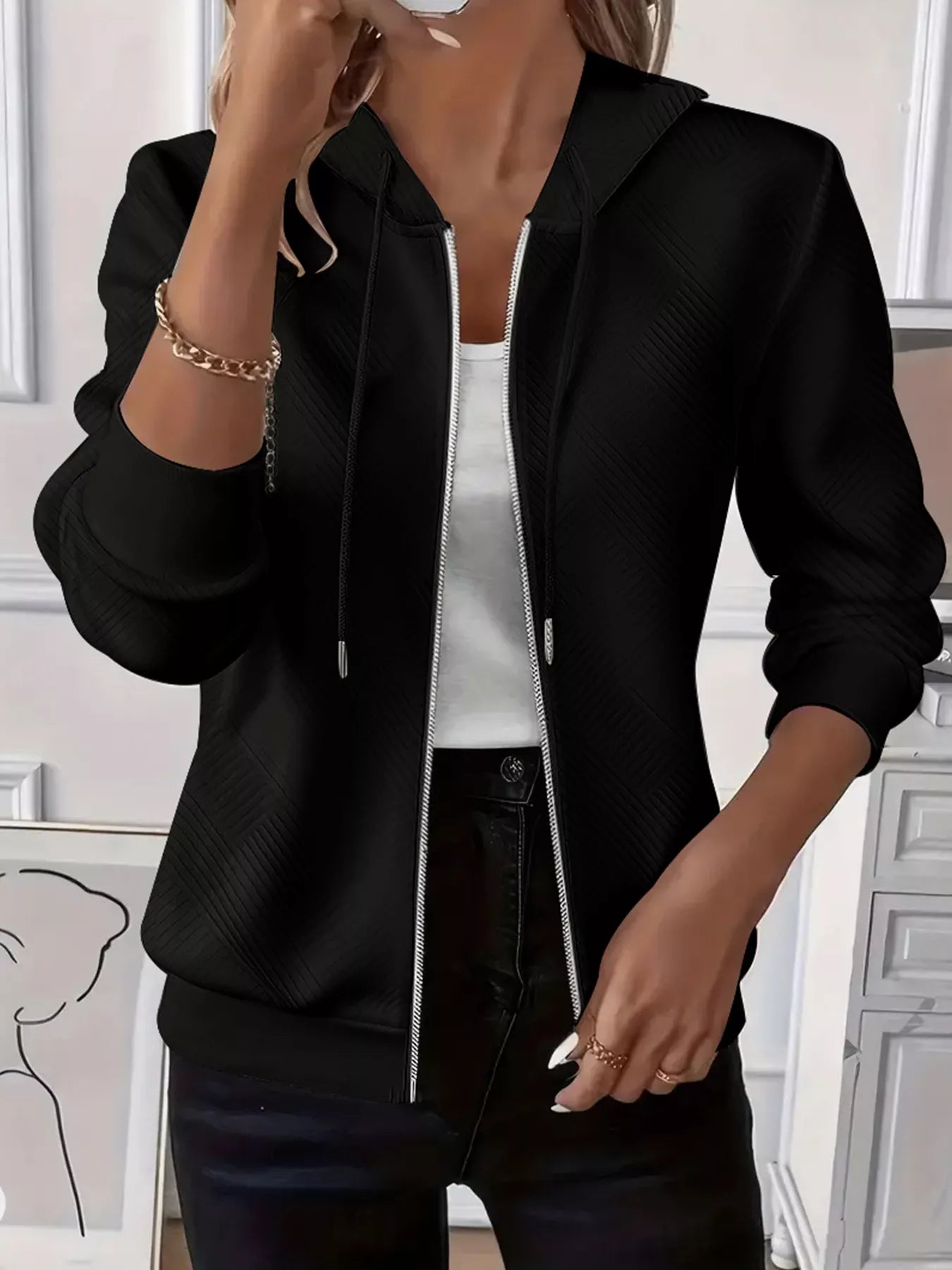 Texture Zip-Up Hoodie with Adjustable Drawstring