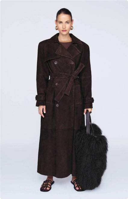 Manteau long en suède vintage à double boutonnage avec ceinture