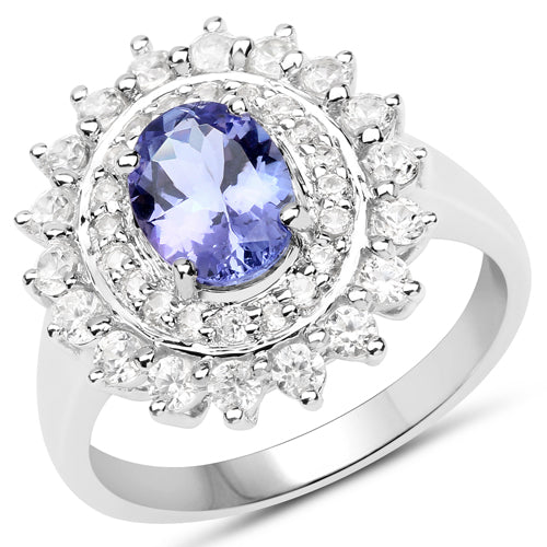2.35 Carat Genuine Tanzanite & White Zircon Sterling Silver Ring