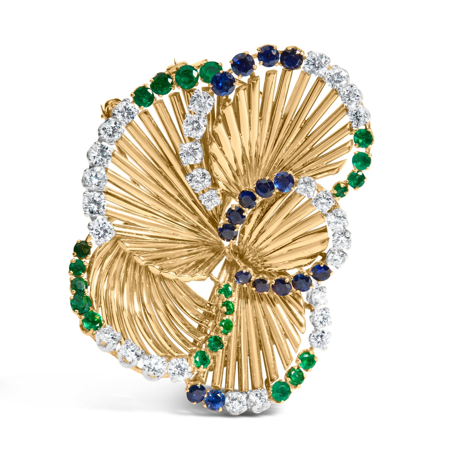 Broche de pétalo de diamante, zafiro y esmeralda en oro amarillo de 18 quilates