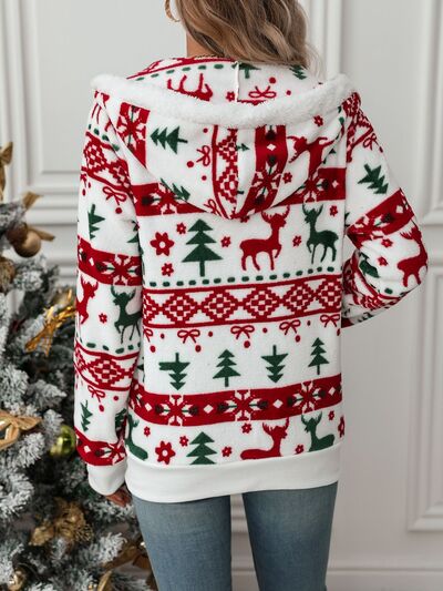 Festive White Drawstring Hooded Jacket for Winter Celebrations