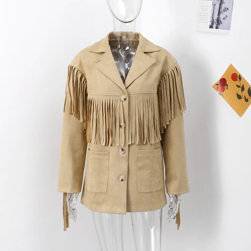 Manteau Trench Élégant Marron avec Détails en Frange au Col
