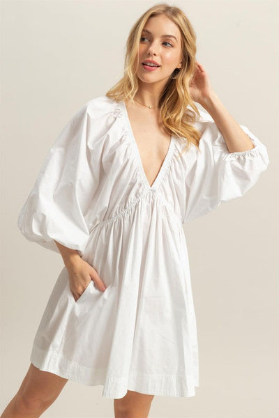 Plunge Balloon Sleeve Poplin Mini Dress with Pockets