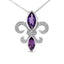 Collar con colgante de flor de lis de plata esterlina .925, amatista púrpura y diamantes