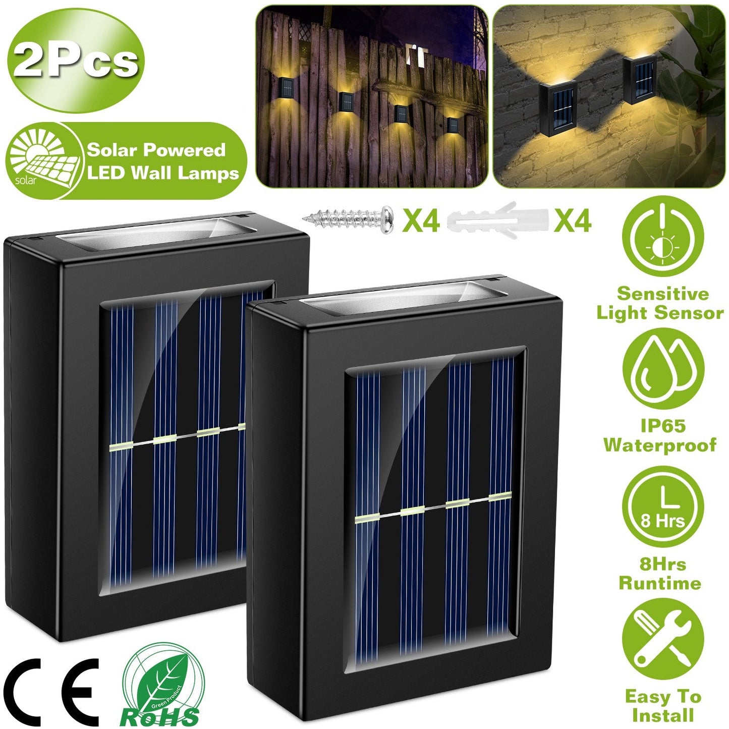 2Pcs Solar Deck Lights - Waterproof Outdoor Lighting
