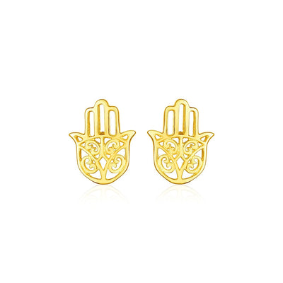Pendientes de aro de mano de Hamsa pulidos de oro amarillo de 14k