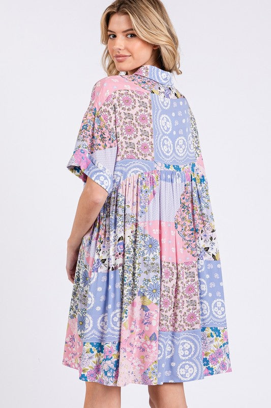 Pink Floral Collared Neck Half Sleeve Mini Shirt Dress
