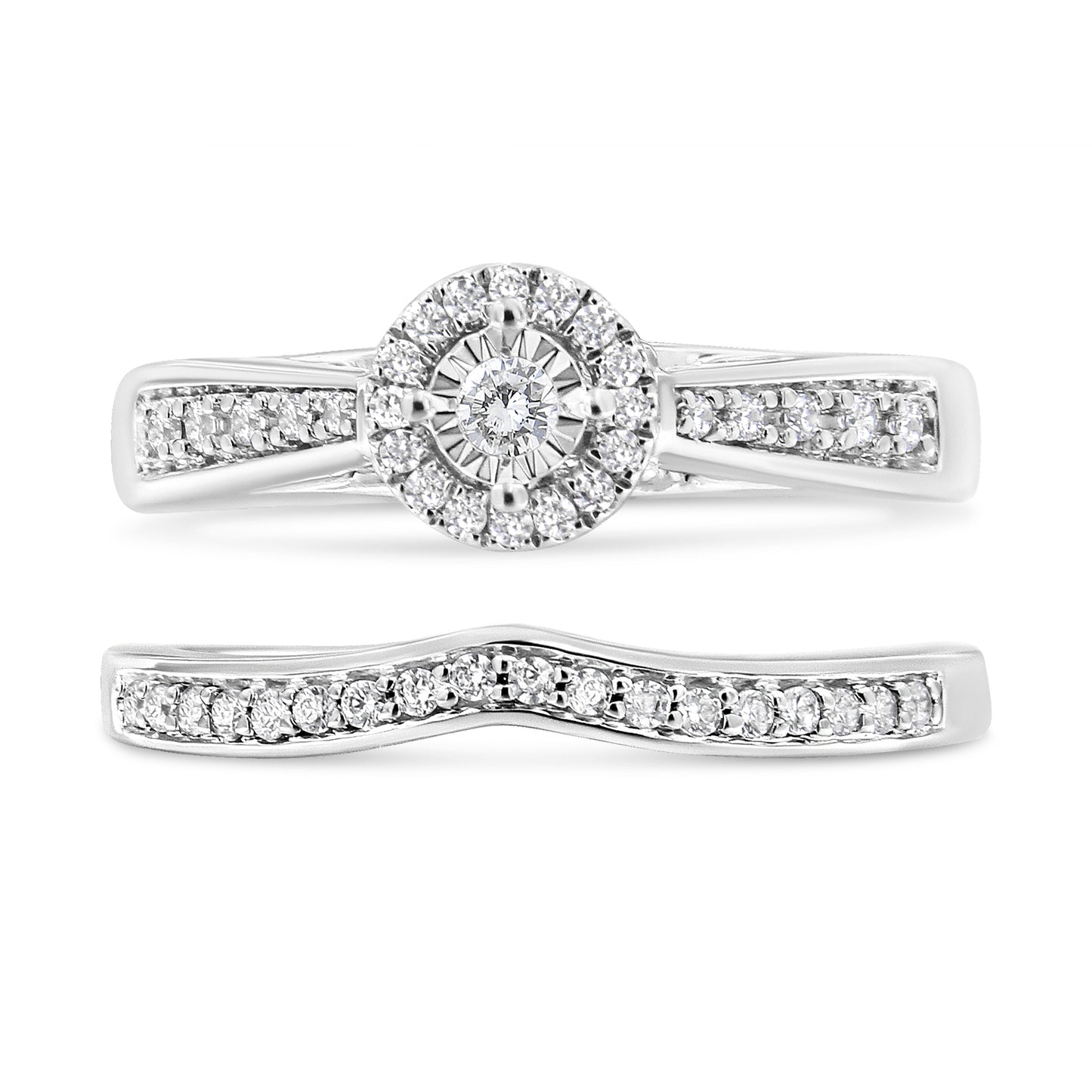 Conjunto de Anillo de Compromiso con Halo de Diamantes de Plata Esterlina .925 - Talla 7