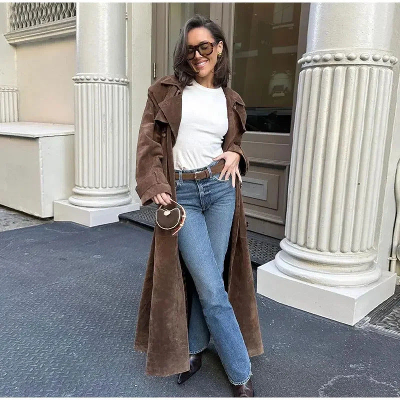 Manteau long en suède vintage à double boutonnage avec ceinture