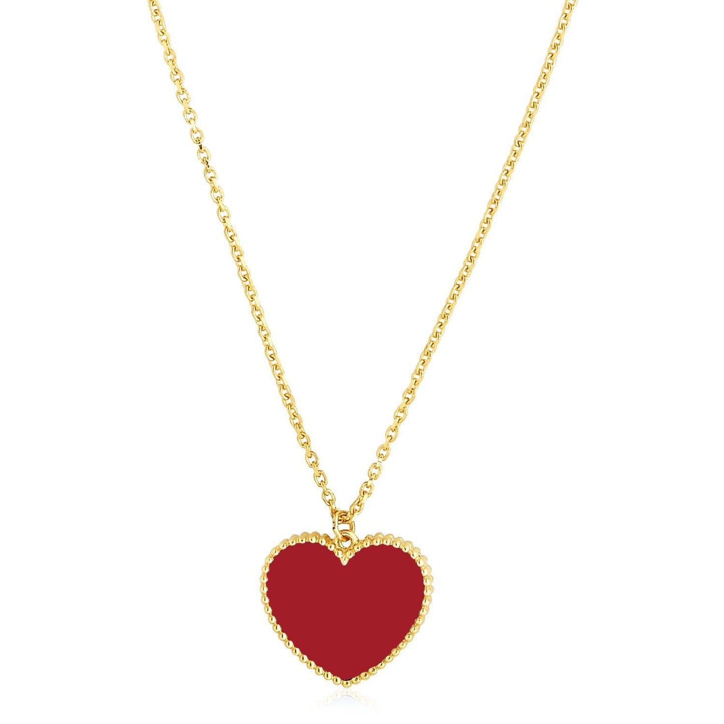 Collar de Corazón de Oro Amarillo de 14k con Acabado Pulido y Pasta de Cornelia Roja