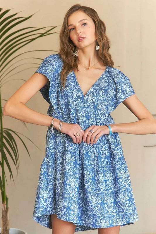 Summer Printed V-Neck Ruffle Sleeve Mini Dress