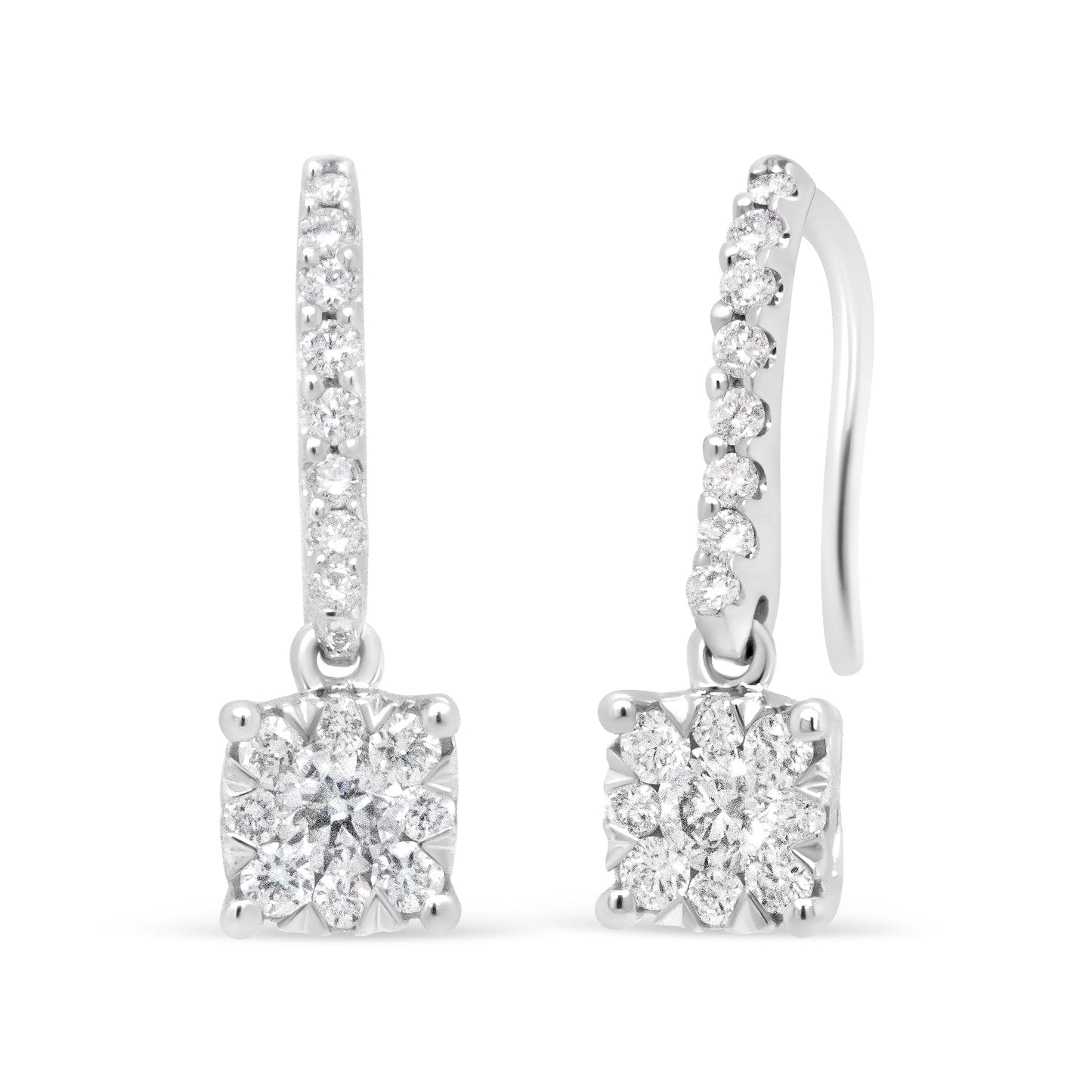 Pendientes colgantes de halo de diamantes redondos en oro blanco de 14 quilates