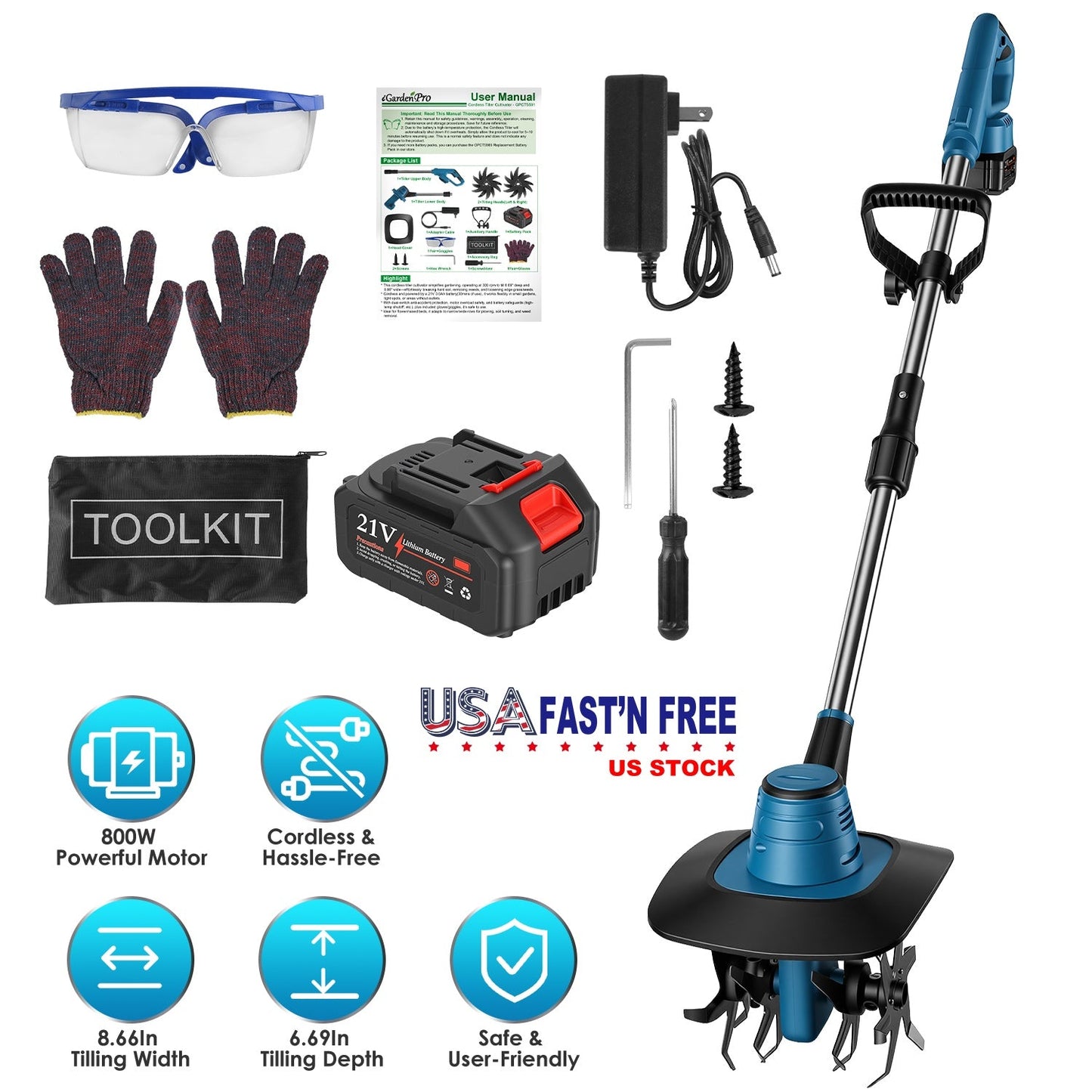 Cultivador de Jardín Inalámbrico de 800W con Batería de 3.0Ah