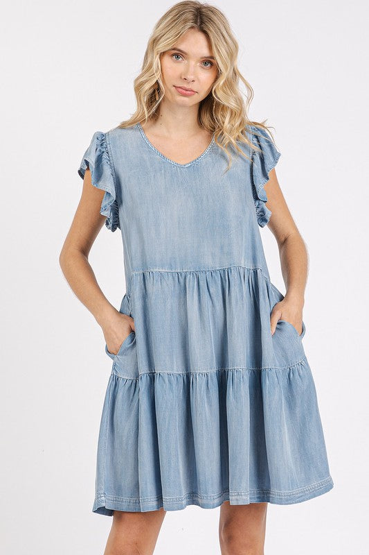 Elegant V-Neck Ruffled Cap Sleeve Mini Dress for Women