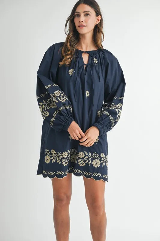 Embroidered Long Sleeve Peasant Mini Dress for Women