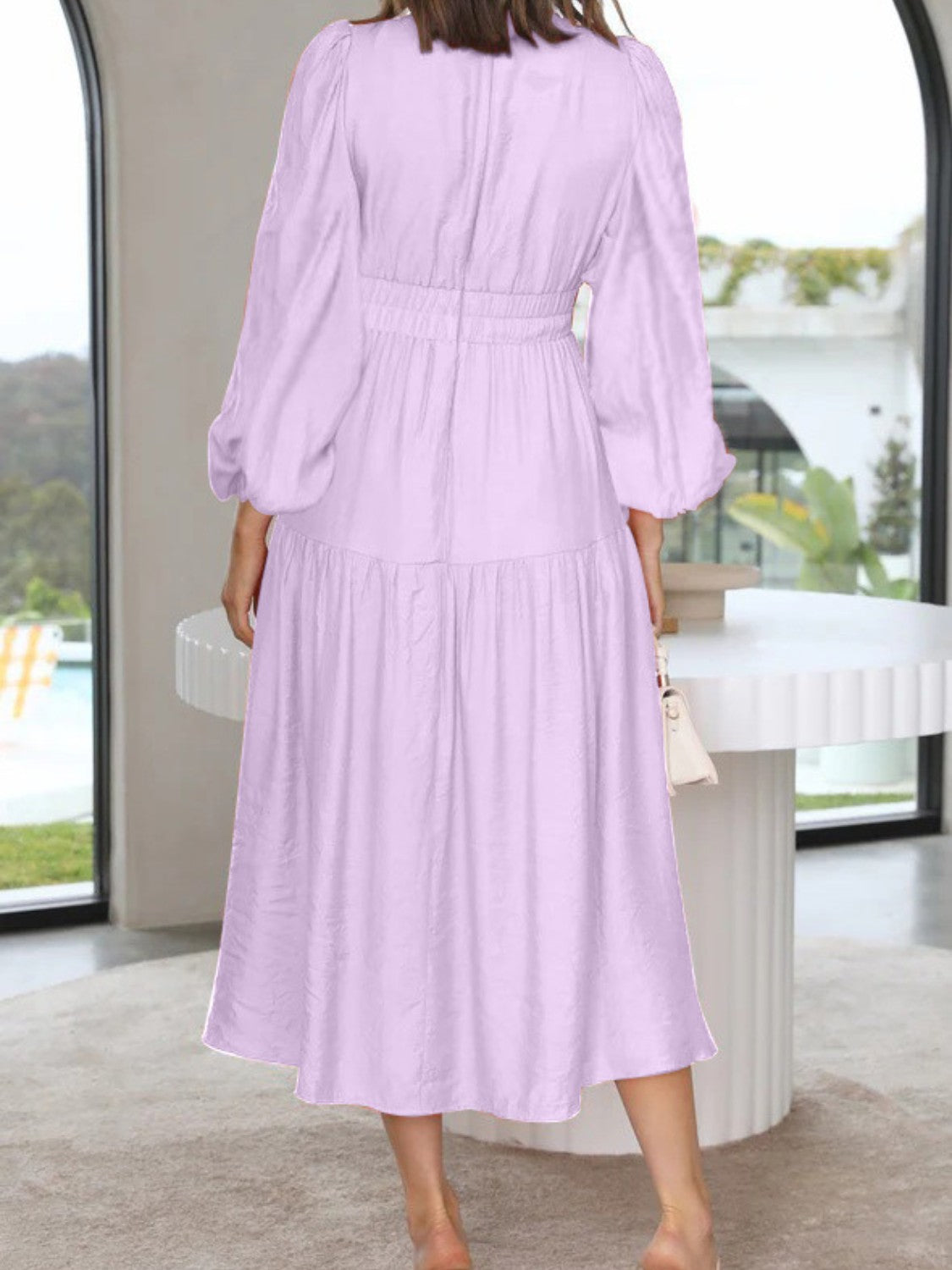 Elegant Lightweight Deep V-Neck Balloon Sleeve Maxi Dress