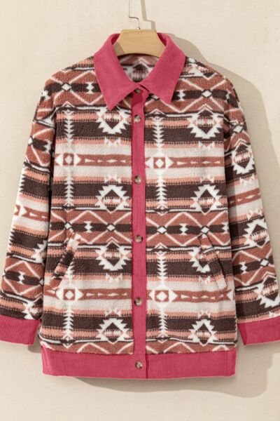 Retro Geometric Print Corduroy Trim Button-Up Jacket
