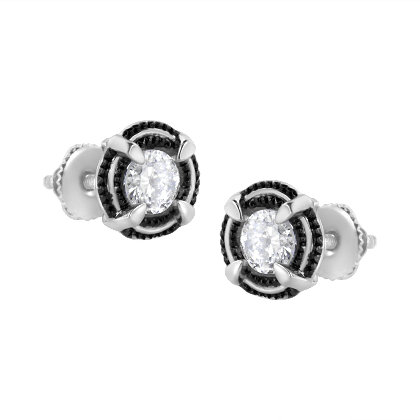 Pendientes de Stud con Halo de Diamantes en Plata Esterlina Baño de Rodio Negro